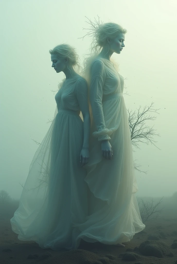 classic ghost, white translucent female, entangled in tree branches, twilight