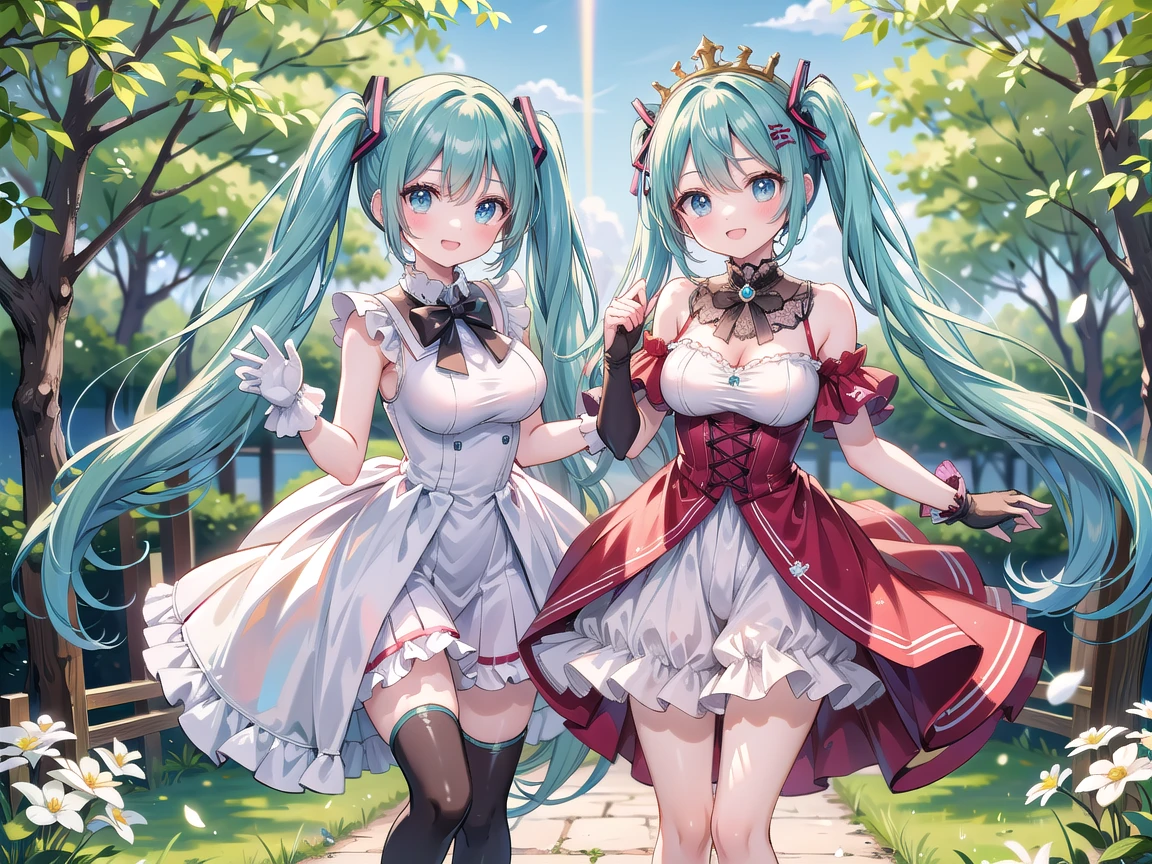abslutely resolution, 2girls yuri, dynamic poses, (wide angle:1.1), fullbody, (textile shading latex Victorian corset:1.1), (showgirl layered skirt:1.2), latex thighhighs, fantasy RPG, (shortstack, narrow waist:1.2), light smile, open mouth, pastel color hair, beautiful detailed eyes, face lighting, (fantasy forest:1.1), glittering light effect, (dlsite eroge cg game HCG:1.1), clothes is glistening fablic, subtle ambient glow, global illumination, raw, iso100, gravure portrait photo taken with medium format camera, ultimate quallity,