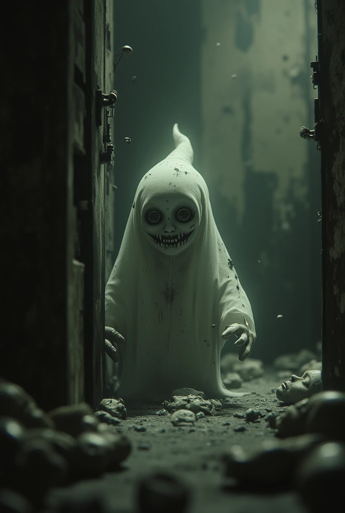 little cute ghost made of smoke floats fearfully in a medieval torture chamber