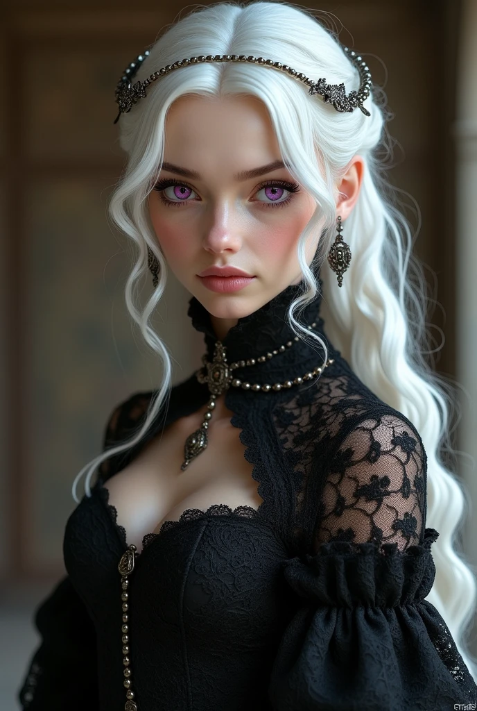 arafed woman with a flower crown on her head smiling, pale goth beauty, pale skin and dark eyes, pale ivory skin, ivory pale skin, pale skin curly blond hair, with pale skin, with curly black and silver hair, beautiful frankenstein, she looks like a mix of grimes, 1 7 - year - old goth girl, victorian vampire, goth girl aesthetic