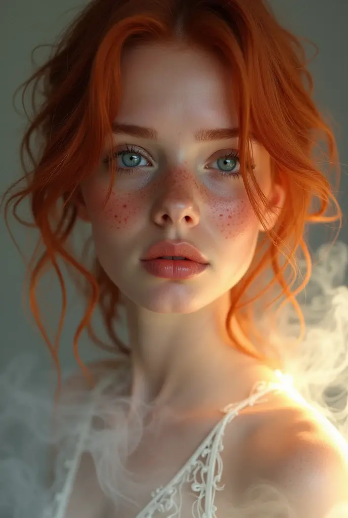 , redhead Woman , Freckles, only blushed flirting eyes visiblevery Detailed, awesome Quality, reflecting, luminescent, translucent, Ethereal, ,, very detailed, uhd, masterpiece, White smoke, light beams through smoke, full body