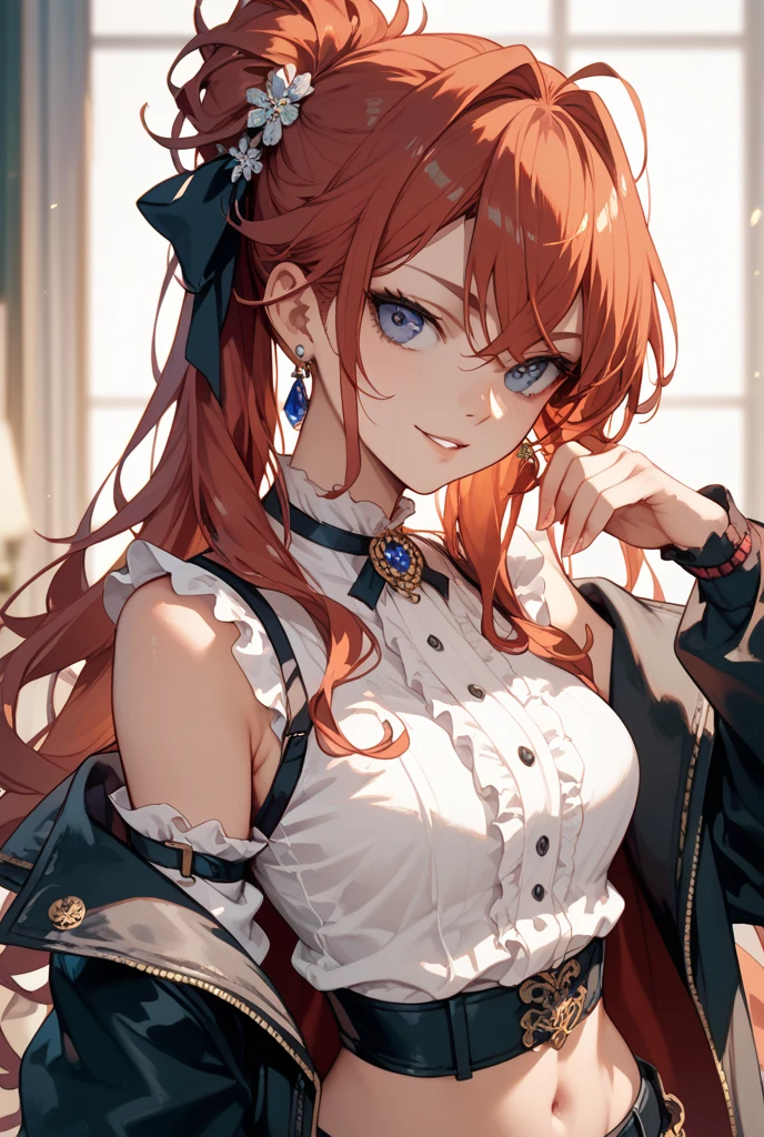a beautiful young girl, small breasts, intricate dress, gentle smile, red lips, ginger hair, green eyes, realism, digital painting, concept art, smooth, sharp focus, rule of thirds, psycho style