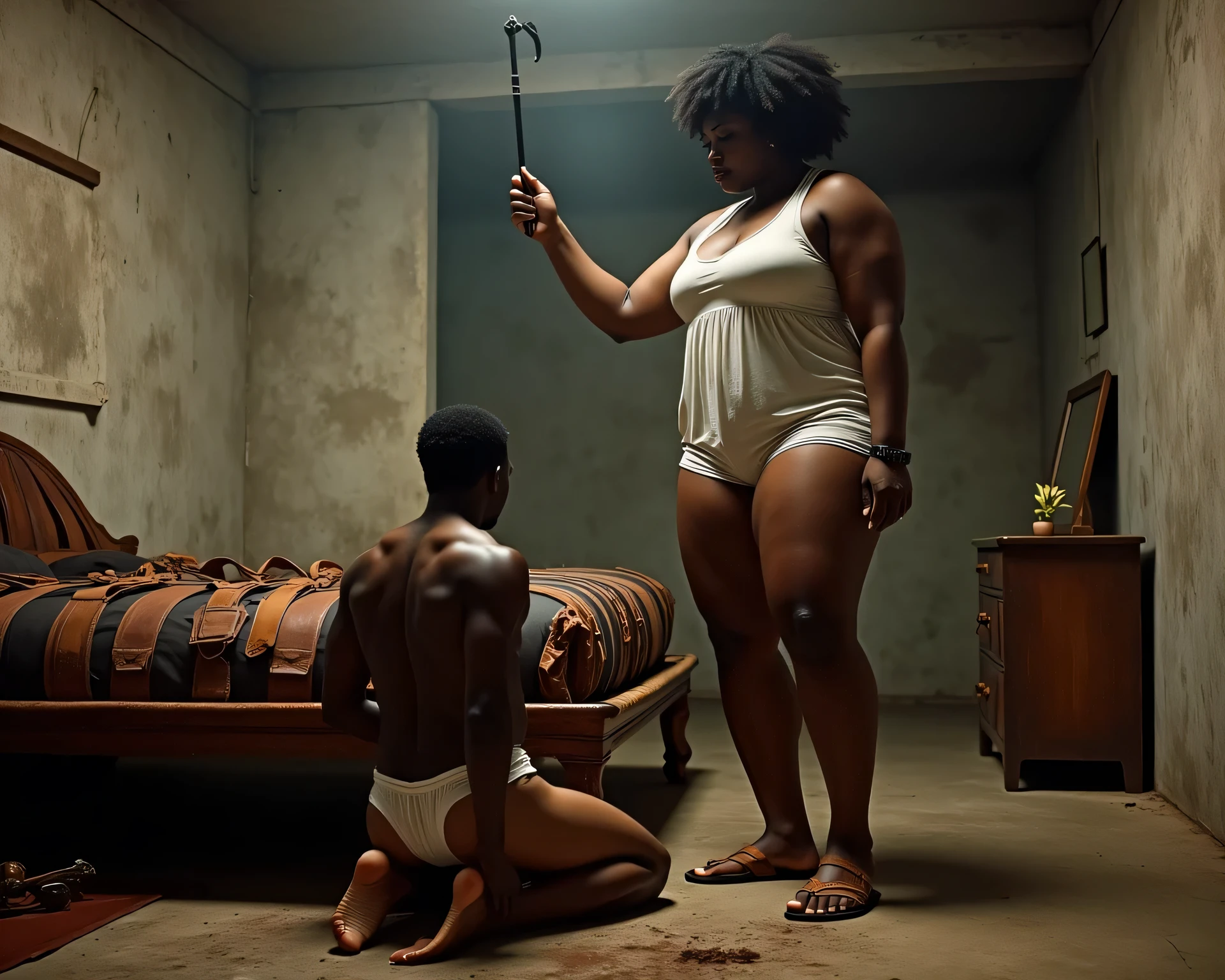 A dark-skinned, muscular African woman with kinky hair, broad hips, and thick biceps dominates a small, naked Sudanese young man in a dimly lit concrete basement. She wears a sheer white nightgown straining against her powerful thighs, and she wears flat leather sandals and holds a sjambok cane. One hand is holding the cane high while the other is akimbo, veins visible as she glares at him and stands next to the bed pointing at the young man. The young man is kneeling next to the bed and removing his underwear to expose his naked butt as she points the bed with the whip-cane. He is to be completely naked with no shoes.
Key Considerations: Exposing his hairless body and chubby buttocks. Leather straps and belts cover the bed. Femdom scene, power contrast: her massive gym-toned physique vs. his fragile frame. Hyper-detailed, dramatic lighting, raw intensity. She is wearing flat leather flipflop sandals holding a thin sjambok cane. The bed is completely made of leather and has a leather head rest and is high. She is pointing the cane at the bed for him to lie. One of his legs is up as he removes his underwear. He is dark like a Sudanese. He is in the process of removing his underpants as he prostates begging and crying. She is much bigger than him. She is wearing a sheer nightdress. the young man has shaggy hair. Their complexion is very dark. Note: He's completely naked, She is wearing a transparent sheer nightdress and leather flipflops. He is lying prostate to kiss her feet. She is strong and a bit stout. He is short with shaggy hair and kissing her toes submissively. She has leather flat flip flop leather slippers. Her sheer nightdress is transparent. The woman is much bigger in size like a giant in comparison to the young man. Sheer nightdress and flipflops. She is stout and gigantic and strong