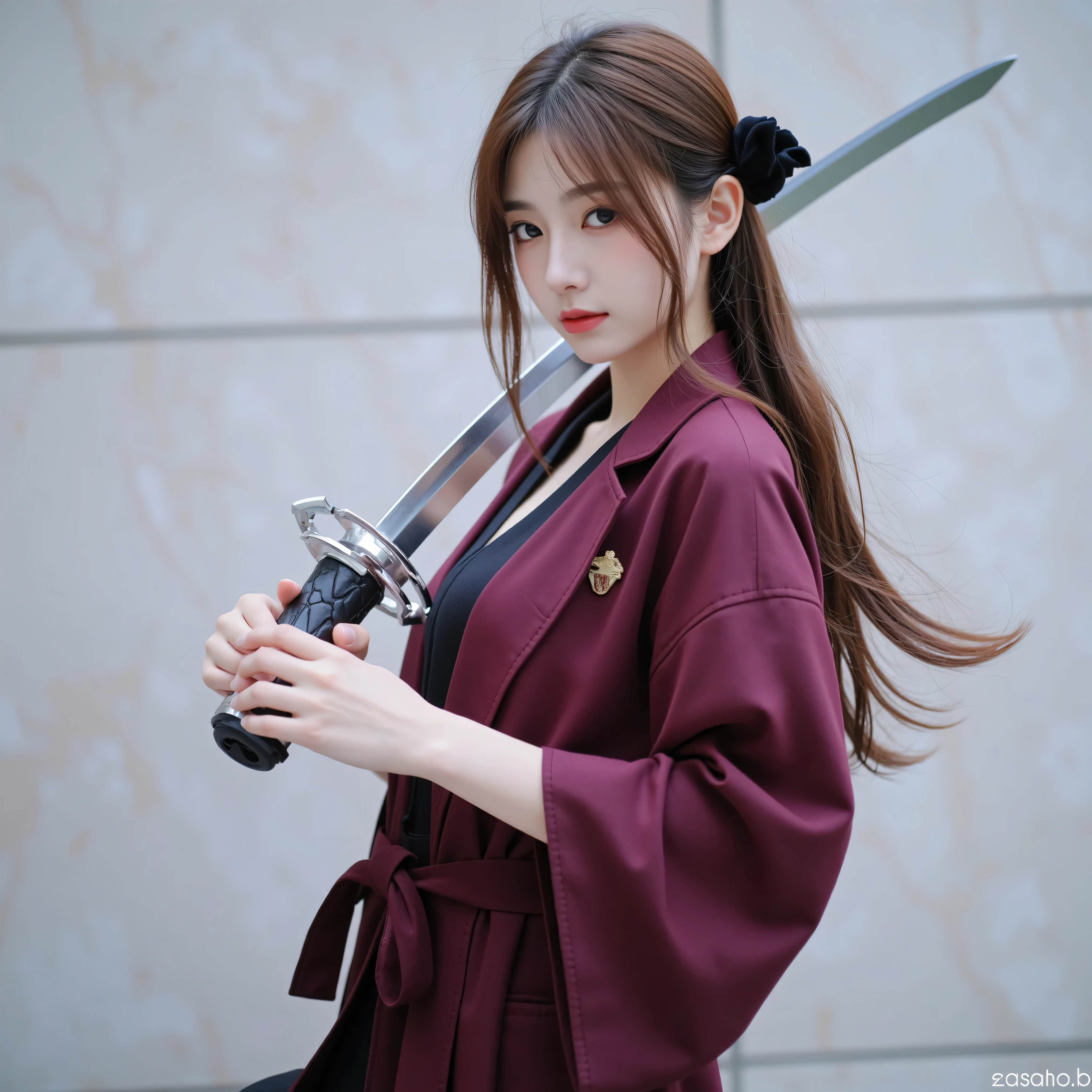 (masterpiece, Highest Quality:1.2), Real Live Action、Beautiful high school student holding a razor saber、full body image