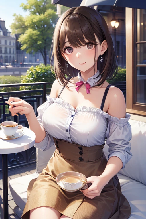 Highest Quality、high image quality、(high image quality:1.3)、masterpiece、 soft background blur  、anatomically accurate、 Normal number of fingers  、

(Woman Enjoying Tea Time on French Cafe Terrace:1.5)、

White Sheer Blouse and Pink Floral Midi Skirt、loose, Wave Hair、 wears a light cardigan on your shoulders 、Soft spring sunshine、Light Pastel Colors、romantic and gentle atmosphere、cute
, 



,( masterpiece, best quality, high resolution, ultra high resolution, pixel perfect, depth of field, 4K, RTTX10.0),
、Anegasaki Nene, shiny brown hair, beautiful brown eyes, , sparkling pupils, (fine grain), , highly detailed face,, (masterpiece:1.2, best quality), ((only1 girl)), ((cowboy shot：1.5))