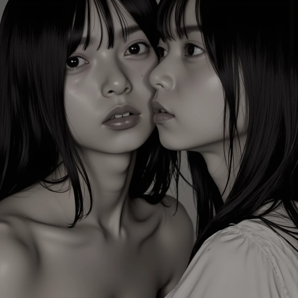Two girls are kissing in a club with electronic music