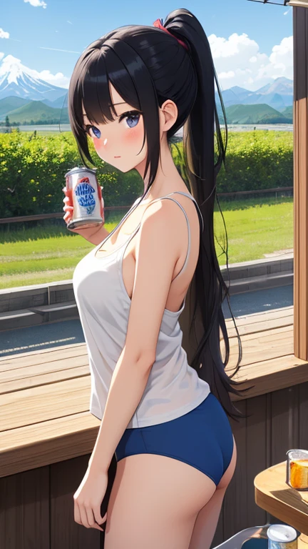 White tank top、14 years old、beautiful girl、Long Hair、Black Hair、A Cup、Pool、Jean Shorts