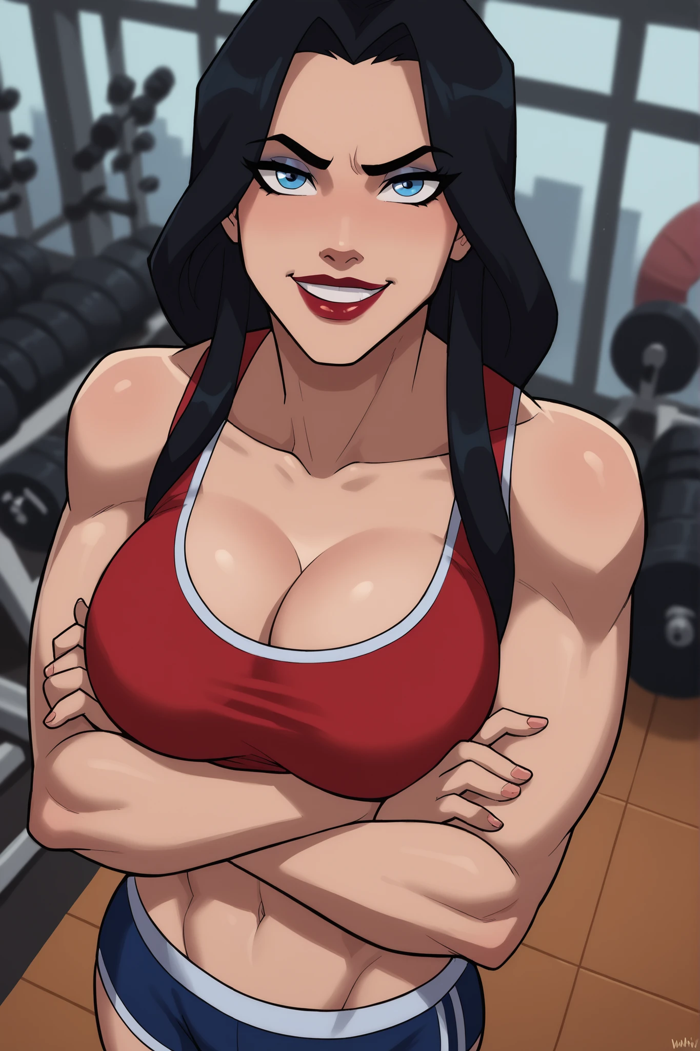 score_9, score_8_up, score_7_up, score_6_up, BREAK, safe_pos, 1girl, solo, wowobldlns, blue eyes, black hair, long hair, lipstick, makeup, large breasts, curvy, athletic, cleavage, looking at viewer, sultry expression, bedroom eyes, smiling, closed mouth, red sports bra, blue workout shorts, indoors, gym, standing, high-angle view, arms crossed, crossed arms