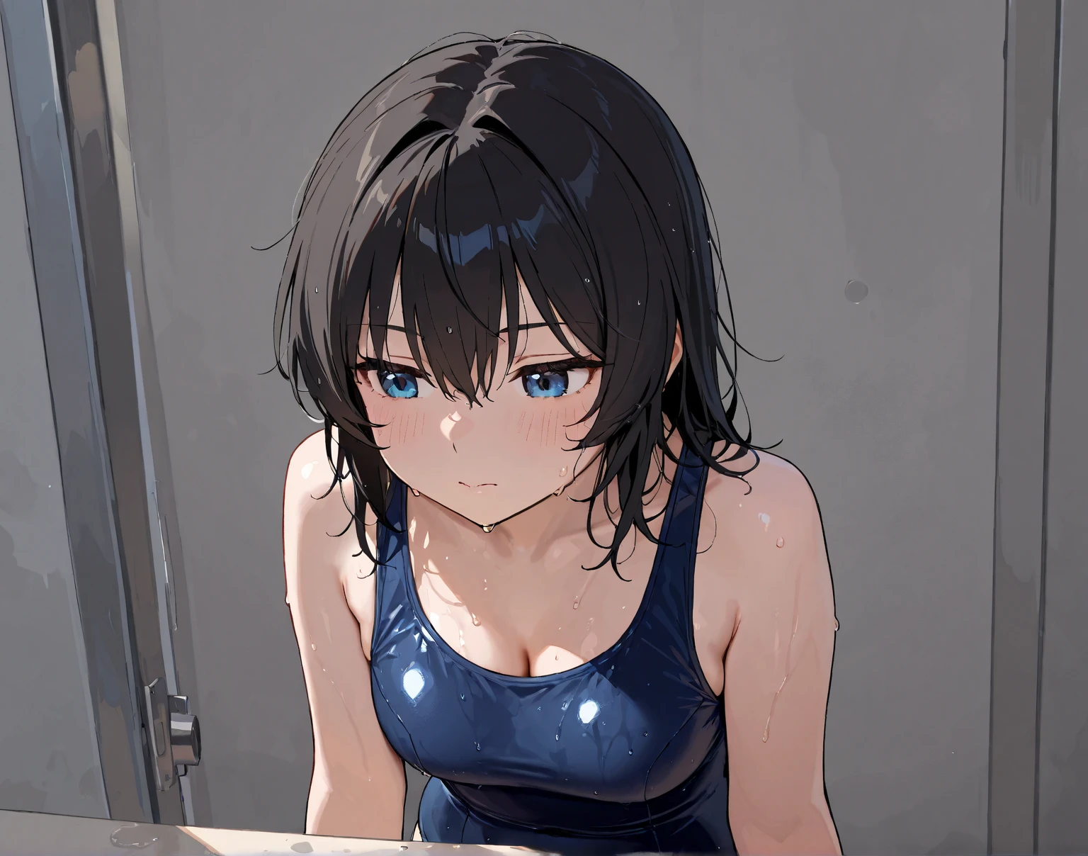 upper body, masterpiece, dark blue swimsuit, school swimsiut, dark navy low-cut swimwear, sukumizu, best quality, 1girl, cute, slender, (shiny skin, sweaty:1.2), pool, depth of field, sharp focus, detailed eyes, sharp pupils, realistic pupils, short hair, looking at viewer, delicate facial features, (blush, upset:0.1), (hyper-detailed:1.5), (small breasts:0.5), tongue