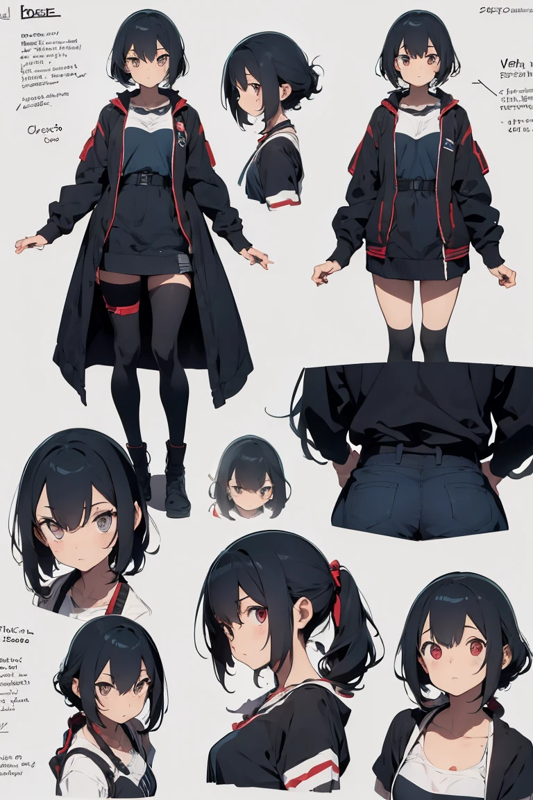 ((three-sided view, front view, side view, back view, multiple views, multiple poses and expressions, many parts)), concept art, character concept art, character sheet, Full body, illustration, (simple background, gray background), 1 character, 1girl, fantasy art, (hui xiyi:0.7), rekkyo sensen, rekkyou sensen, girls with((1girl, solo, black hair, yellow eyes, (wavy medium hair, hairclips:1.3), blush, breasts, choker, cleavage, coat, cowboy shot, white lace dress, ribbon waist belt, collar, collarbone, rosary, rosary choker, cross, fur, fur trim, parka, khaki hoodie, green hoodie, hood down, hooded coat, hooded jacket, hoodie, jacket, large breasts, long sleeves, medium breasts, open clothes, open coat,open hoodie, sleeveless, winter clothes, zipper, cleavage, (white legwear, thighhighs, single thighhighs, single legwear, black footwear, strap shoes:1.42))