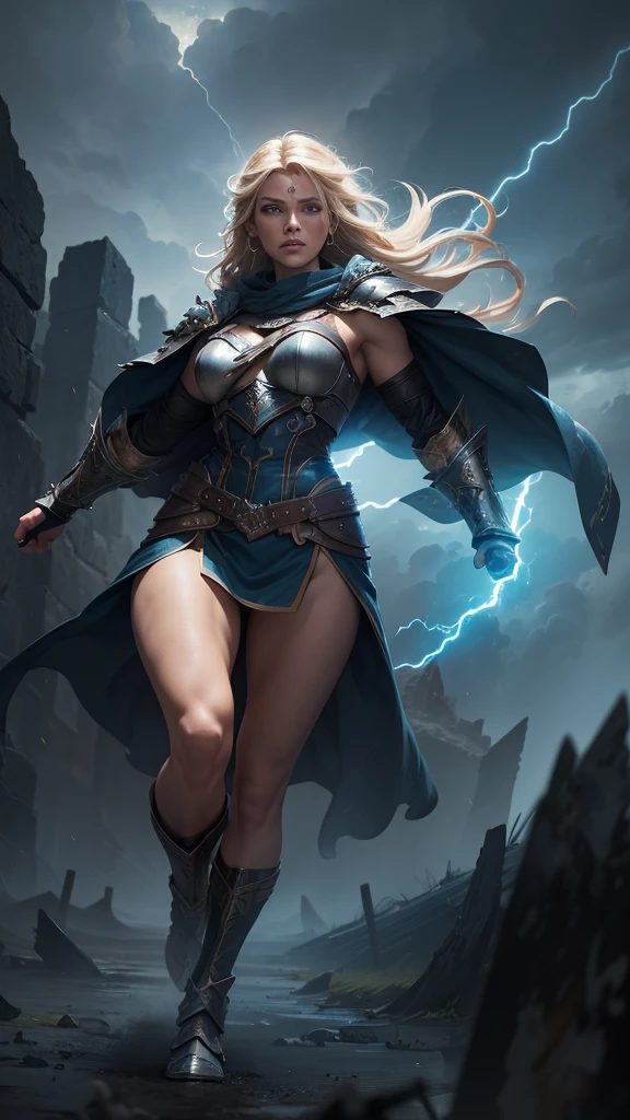 Realistic character shooting, Asgard in science fiction, the protagonist is Thor's woman, flying to hit a huge comet with a cane, meteorite fragments splashing, complex long hair, delicate faces, flowing posture, gorgeous walking sticks, luminous bodies
