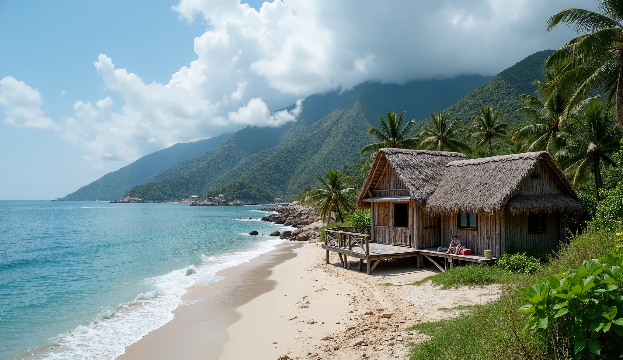 (realistic photo:1.2),There are very few fishing villages planted in ancient houses, planted from timber, thatched with flaxseed, planted at a distance from each other along the hills. Each of them is located on one side next to the mountains and rich forests on the other, on the seashore, with a beach hut stretching out to the sea is a very beautiful sight.,8k quality