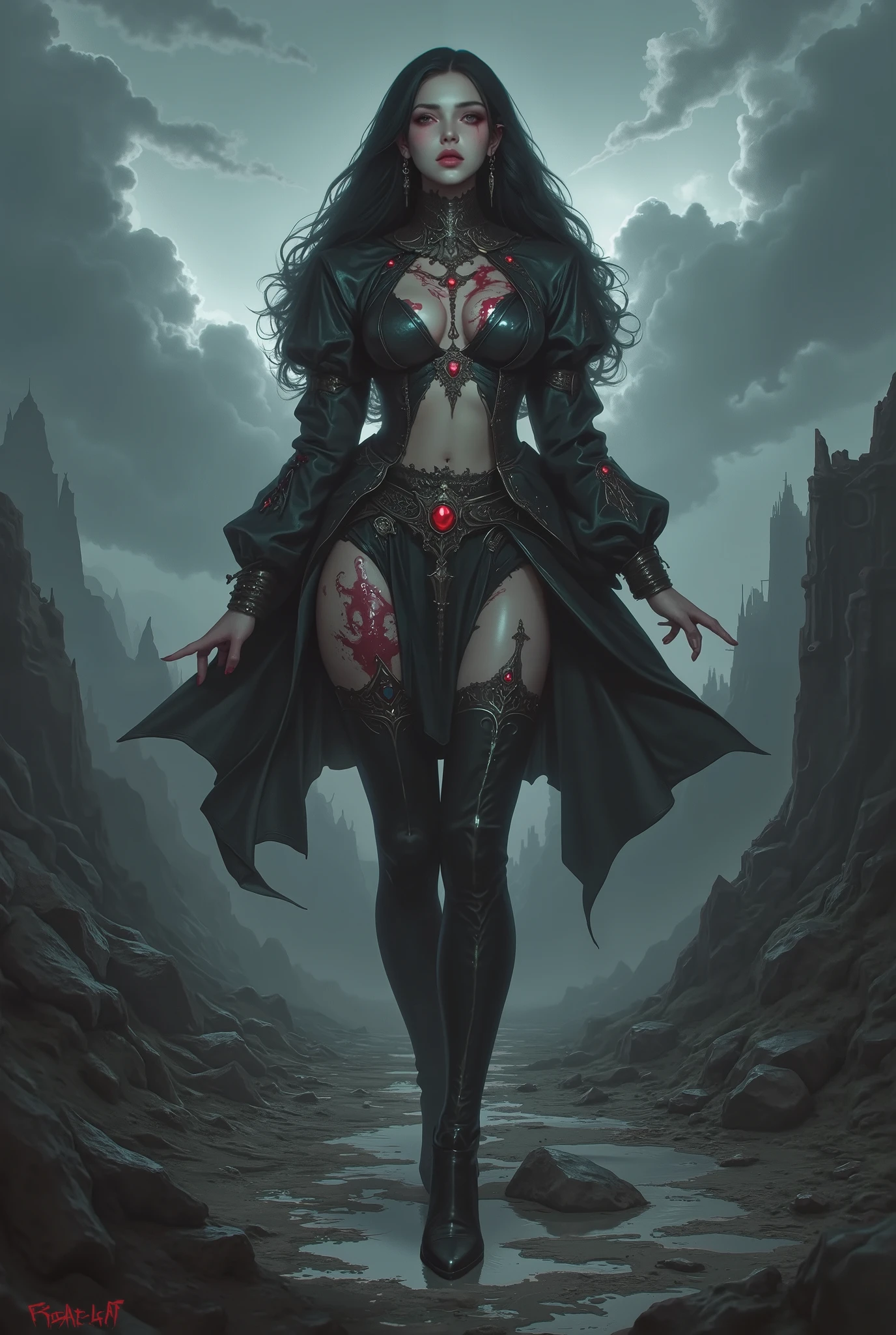 Queen,(Sexy women),Dark Abyss, ,Black cloak,Crown of thorns,((Broken clothes)),((Thorn rose)),Broken tombstones,Candle,Dark atmosphere,wasteland,only one person,night,Blood