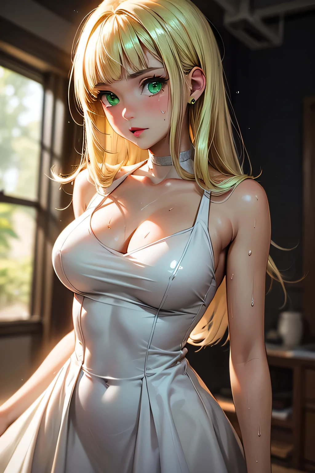 perfect anatomy Highest Quality, highest resolution,(((shiny white dress shiny blonde green eyes Shiny Skin sweat))) Lillie girl