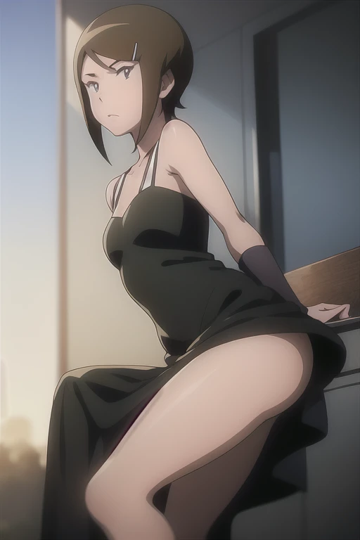 masterpiece, best quality,1girl, ((young girl)), shiny skin, (thin waist), ((curvy)), ((wide hips)), ((small size)), hot, soft natural lighting, reflections, bright illuminations, upper body, back naked, big long black hair, tomoko, sexy, slim figure, Detailed green eyes, Detailed face, Detailed eyes, tomoko kuroki, watamote, (((back view)))