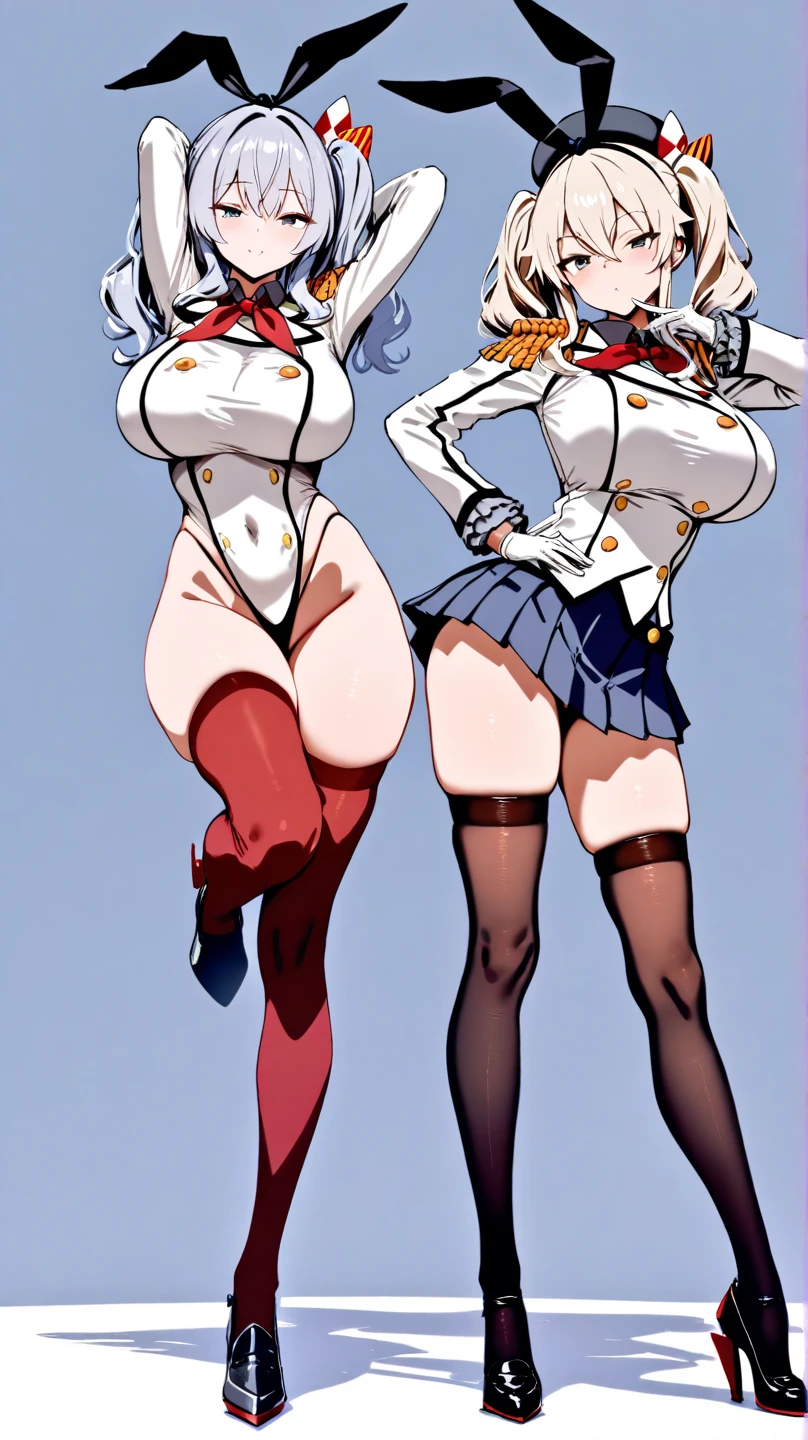 (chest covered)(smile) Gray skin, pale golden hair and violet eyes. huge_knockers, full body standing symmetrical lustful smirking smile face red blush, pink painted nails, 1 girl full body standing straight symmetrical (on white background), lustful smirking smile face red blushed, red cheeks, hands on hips, miorine rembran and suletta mercury bride couple
