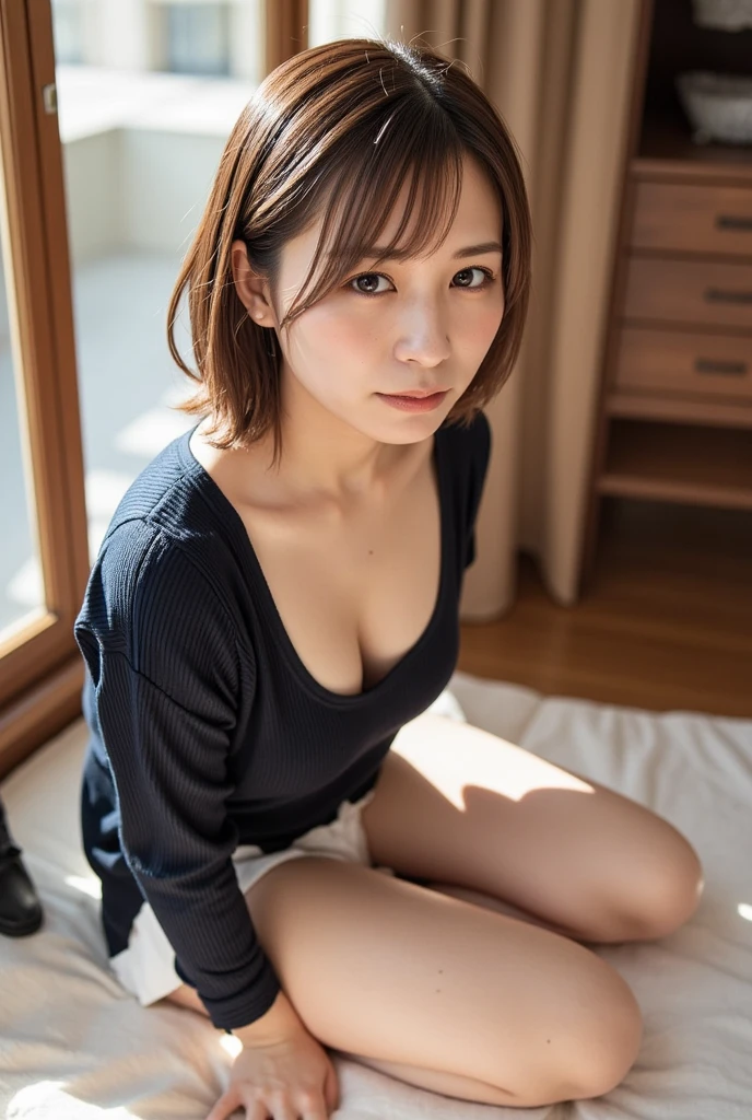 (best quality:2), (masterpiece:2), very detailed, high resolution, 8k, (professional lighting:0.9), cute Japanese woman, cute 24 year old beauty, slim body, (slightly saggy busty breasts), thin lips, detailed face, Beautiful and elegant face, cute face, natural bangs, arched eyebrows, well-groomed eyebrows, (big eyes with a good balance between the left and right sides), cute eyes, beautiful eyes, beautiful thin nose, beautiful face line, (beautiful skin), medium hair, medium length hair, (natural bangs), Brunette hair, slim face, slim figure, (Looking at the camera with gentle expression), beautiful legs, smooth skin, slim and beautiful thighs, cute and sexy slim 24 year old woman, fair skin, Beautiful breasts, (Slender and slim body:1.5), (Slim waist), (slim hips), ((slim Butt)), Detailed fingers, beautiful hands, (The best lighting), (Black Hair), ((Beautiful Cleavage)), (Round face:1.4), (plump face:1.4), gentle smile, ((underboob)), sexy panties with lace, Sexy bra with lace, Sexy Sweater,