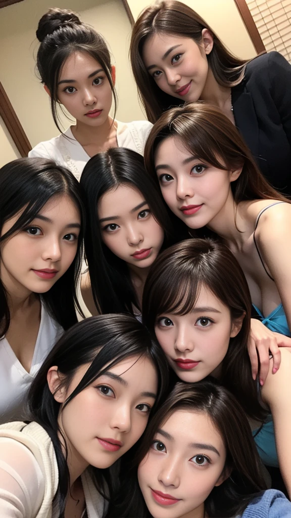 (highest quality, super detailed, golden ratio:1.2), stage lighting:0.7, 制服を着た12歳の韓国人three womenの写真,female lesbian, perfect face, (highly detailed skin), random colored hair, cover your mouth with your hand、laugh at, skin texture, white skin, shiny skin, (slim, tall:1.2), [:(focus clearly on the face, perfect eyes:1.2):0.2], realistic, film grain, random pose、three women、look up from below、looking at camera、smile、top women、looks happy、smiling、I&#39;m smiling with the corners of my mouth raised