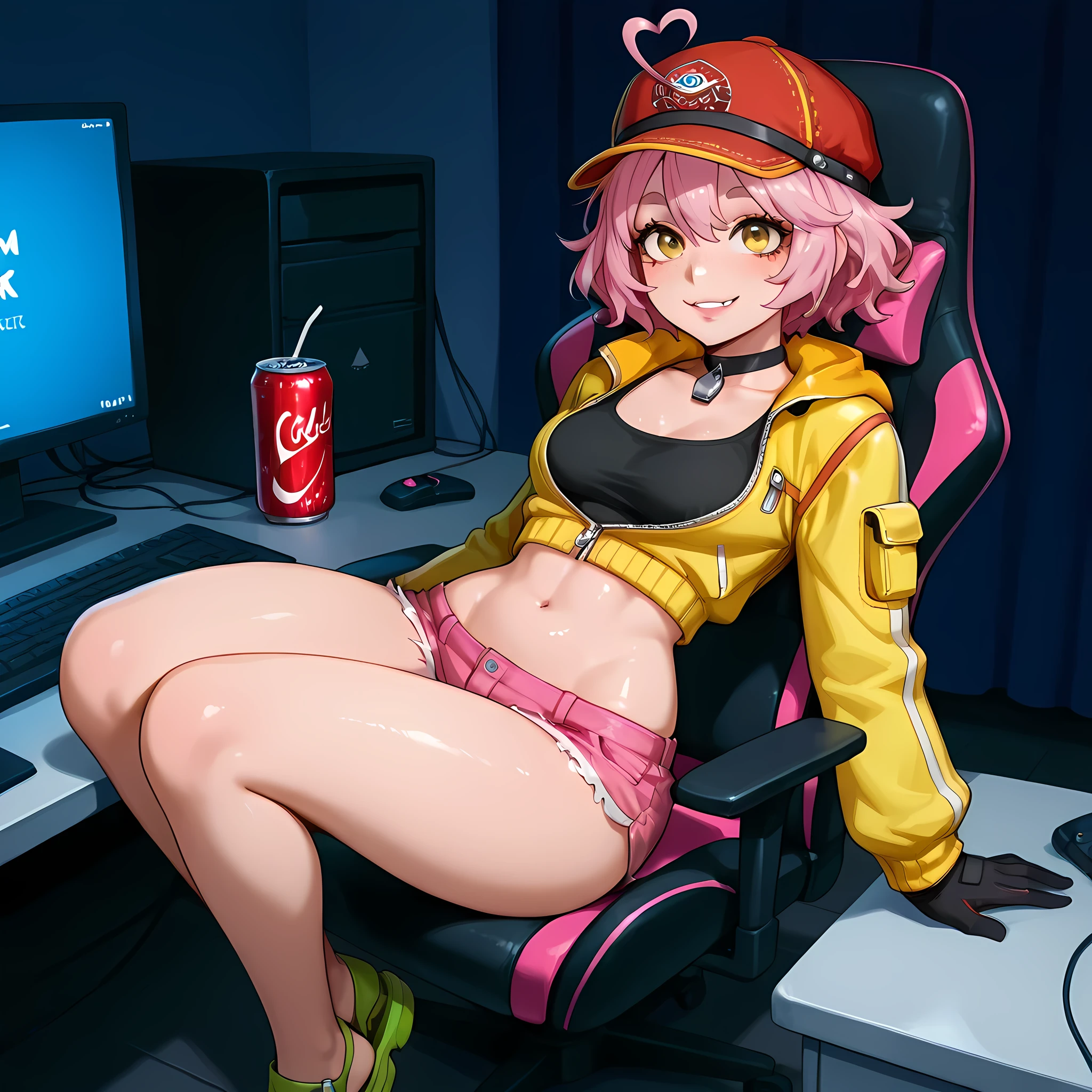 (high front angle), ((anime skin texture, perfectly detailed scenery, best image quality, full HD, perfectly detailed appearance, perfectly detailed eyes, 1woman, woman sitting in front of a high-tech computer with three monitors, hacker information on the monitors, orange gaming chair, female bedroom, snacks thrown on the computer desk, soda on the gaming chair stand, salty cheeks):1.10), {Cindy Aurum/シドニー・オールム}:((1woman, look of excitement, cyan hair with pink braids:1.2, short messy hair, adult body woman, twenty years body woman, oily skin, freckles:1.05, yellow eyes with black star pupil:1.05, medium thighs, small butt, small breasts, kawaii smile, green sandals, cyan tank top:1.05, red denim mini shorts with ruffles on the edges, pink denim jacket with orange hood, perfect lips, toothy smile, cyan gloves, joystick pendant choker:1.05, panting, average arms and legs, cyan circular eyebrows:1.2, heart-shaped ahoge:1.2, thin waist, large hips, mature woman:1.2, two-tone hair color:1.2, light pink hair on the bottom:1.05)),
