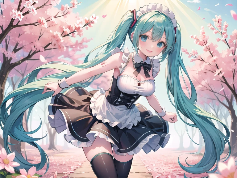 Hatsune Miku, long hair, aqua hair, twintails, cat ears, animal ears, long flowing hair, floating hair, ornament hair, perfectly body, perfectly hands, dark pink rose on hair, maid, maid dress, maid headdress, maid apron, white apron, on street, petals in the air, blossom peach tree, centered girl, maid dress, black dress, more details on her clothes, dress with transparency, golden details, daylight, smiling, cape, ((4k, masterpiece, top-quality)),8k, best quality, high resolution, HD, (illustration:0.8), super cute girl, delicate and beautiful face, 1girl, solo, mature girl, super cute hairstyle, (beautiful detailed eyes:1.6), extremely detailed face, perfect lighting, extremely detailed CG, (perfect hands, perfect anatomy), Best quality, cleavage, small skirt, full Body,