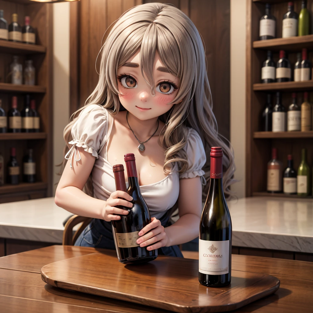 masterpiece、top-quality、ultra-detailliert、(Only chibi character girls:1.27)、Gray Hair Bob、wraith、holding a mug of frothy beer、Holding a wine glass、Enjoy tropical cocktails、A smile、Full-body standing figure、a bar counter