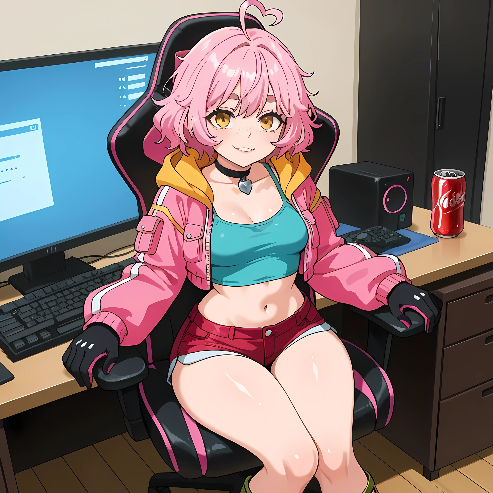 (high front angle), ((anime skin texture, perfectly detailed scenery, best image quality, full HD, perfectly detailed appearance, perfectly detailed eyes, 1woman, woman sitting in front of a high-tech computer with three monitors, hacker information on the monitors, orange gaming chair, female bedroom, snacks thrown on the computer desk, soda on the gaming chair stand, salty cheeks):1.10), {Cindy Aurum/シドニー・オールム}:((1woman, look of excitement, cyan hair with pink braids:1.2, short messy hair, adult body woman, twenty years body woman, oily skin, freckles:1.05, yellow eyes with black star pupil:1.05, medium thighs, small butt, small breasts, kawaii smile, green sandals, cyan tank top:1.05, red denim mini shorts with ruffles on the edges, pink denim jacket with orange hood, perfect lips, toothy smile, cyan gloves, joystick pendant choker:1.05, panting, average arms and legs, cyan circular eyebrows:1.2, heart-shaped ahoge:1.2, thin waist, large hips, mature woman:1.2, two-tone hair color:1.2, light pink hair on the bottom:1.05)),