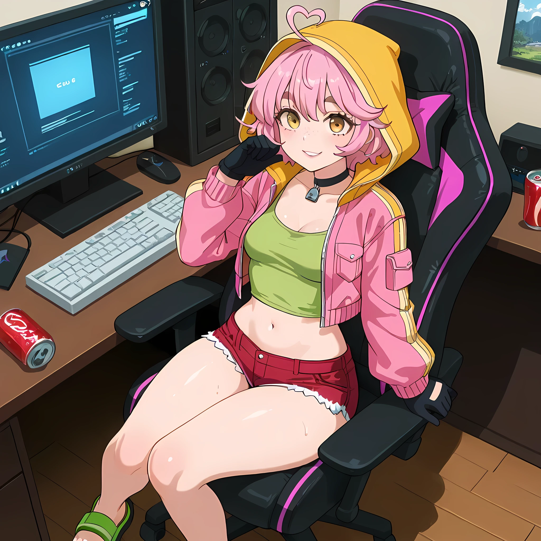 (high front angle), ((anime skin texture, perfectly detailed scenery, best image quality, full HD, perfectly detailed appearance, perfectly detailed eyes, 1woman, woman sitting in front of a high-tech computer with three monitors, hacker information on the monitors, orange gaming chair, female bedroom, snacks thrown on the computer desk, soda on the gaming chair stand, salty cheeks):1.10), {Cindy Aurum/シドニー・オールム}:((1woman, look of excitement, cyan hair with pink braids:1.2, short messy hair, adult body woman, twenty years body woman, oily skin, freckles:1.05, yellow eyes with black star pupil:1.05, medium thighs, small butt, small breasts, kawaii smile, green sandals, cyan tank top:1.05, red denim mini shorts with ruffles on the edges, pink denim jacket with orange hood, perfect lips, toothy smile, cyan gloves, joystick pendant choker:1.05, panting, average arms and legs, cyan circular eyebrows:1.2, heart-shaped ahoge:1.2, thin waist, large hips, mature woman:1.2, two-tone hair color:1.2, light pink hair on the bottom:1.05)),
