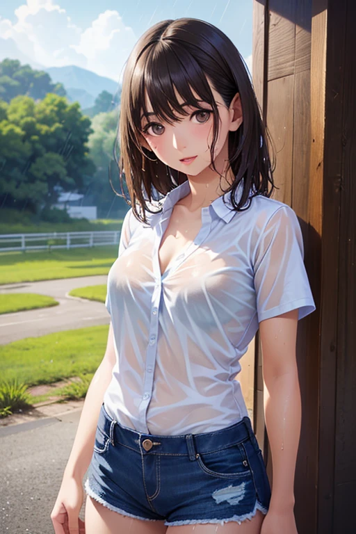 masterpiece, best quality, (realistic,photo-realistic:1.4), (RAW photo:1.2), extremely detailed CG unity 8k wallpaper, delicate and beautiful, amazing,finely detail, official art, absurdres, incredibly absurdres, huge filesize, ultra-detailed,extremely detailed eyes and face,light on face,hanabi,(little smile),(brown hair:1.4),(long hair:1.3),(wearing white t-shirt:1.4),(heavy raining background:1.5),(wet body:1.4)