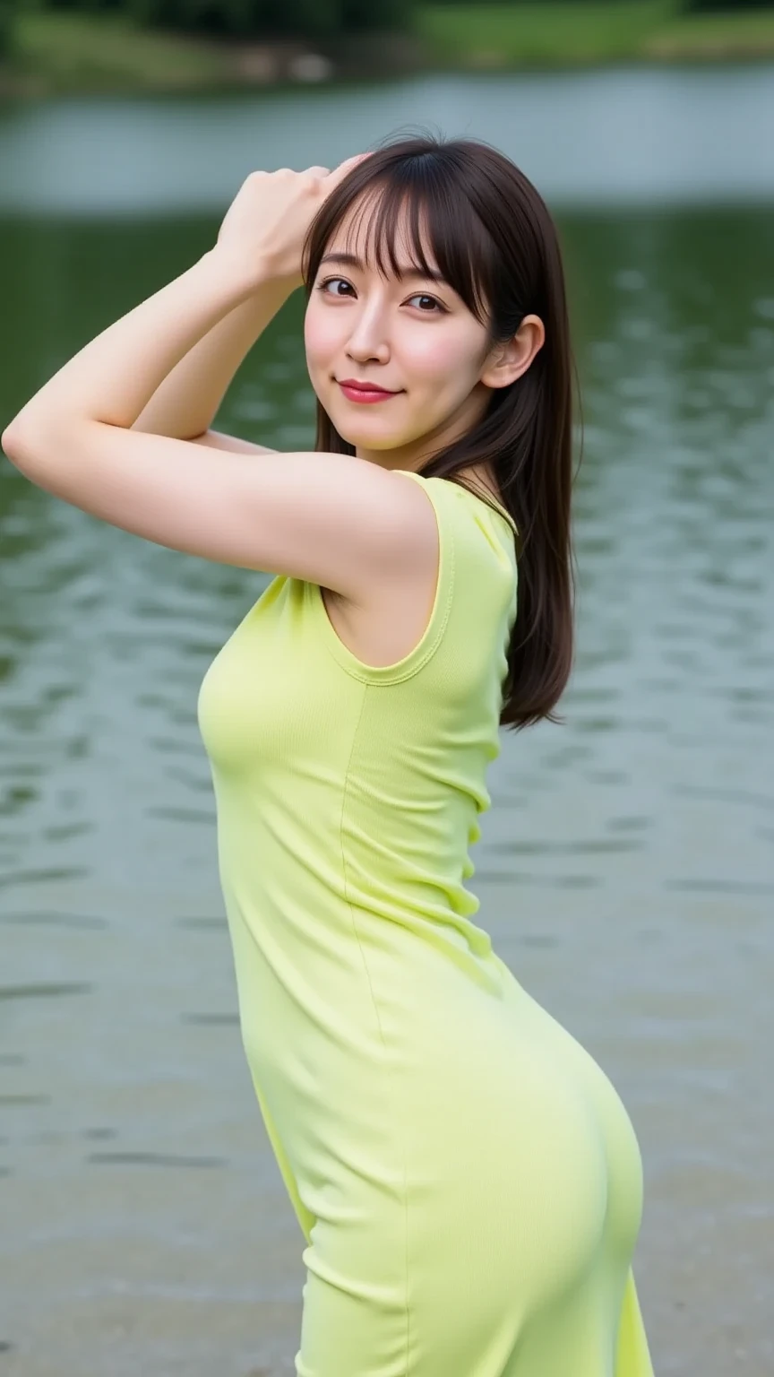 Realistic photos of (1 cute Korean star) blue french braid, thin makeup, slightly smile, 32 inch breasts size, green v-neck t-shirt, pants, walking in the firld, upper body portrait, UHD, green shoes, background river