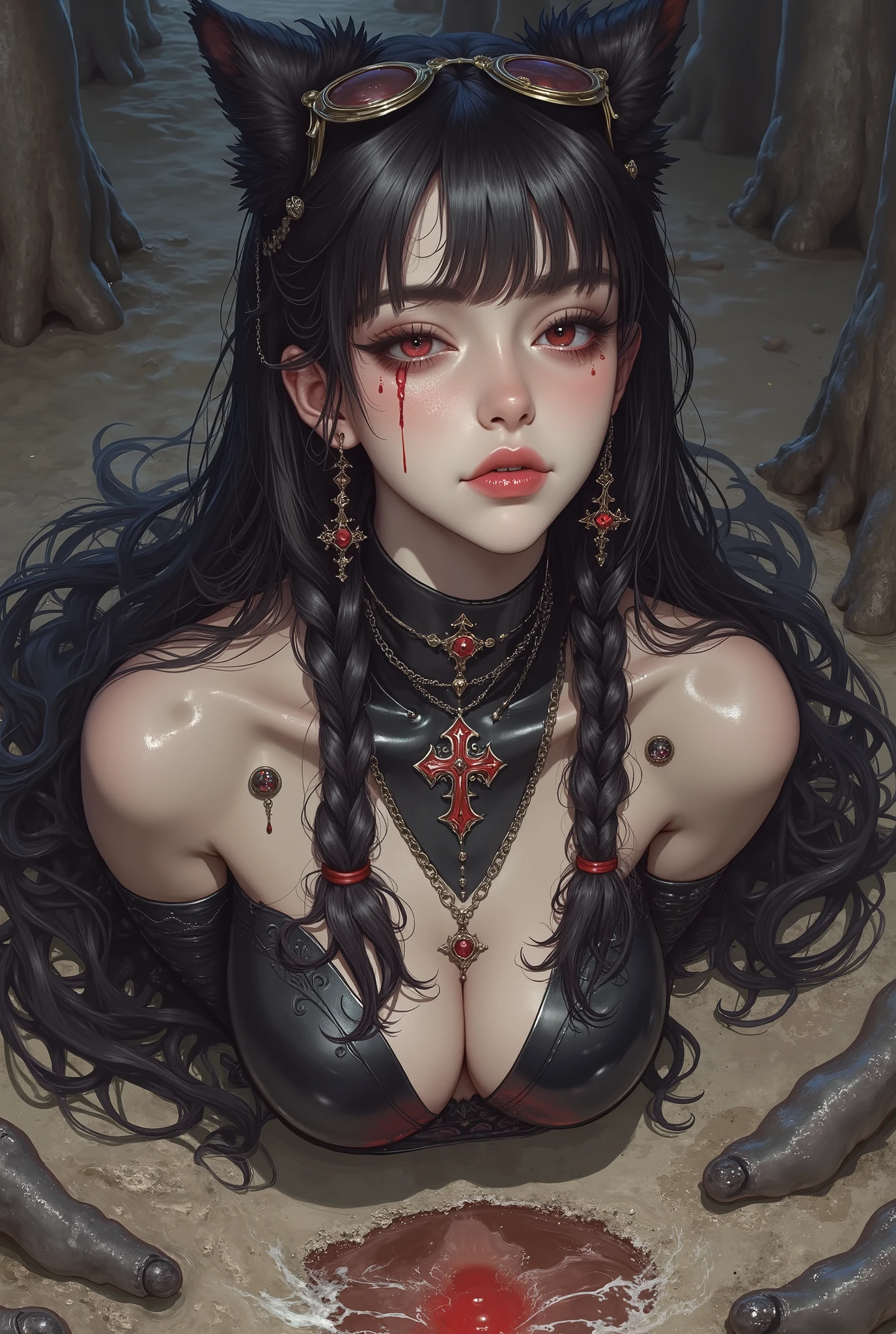 (highest quality, 8k, High resolution, Realistic:2.0), (Real Image),(Photographic images:2.0),(alone, One Girl:2.0),(Lighting: strong),(Lighting: front),(highest quality, 8,000 people, masterpiece:1.3)) Korean women, Chaotic,Receiving light,(Black ponytail), Dark eyeshadow, Black lipstick, gothic makeup, (Dirty makeup: 1.3), Beautiful and delicate hair,Delicate red eyes, (Huge boobs: 1.7) , In a dark cave, Red Tattoo, Very white skin, Dirty makeup, Indifferent look,(((Fully nude))), Monochrome, (Smudged eyeliner: 1.6),(((((nsfw)))))