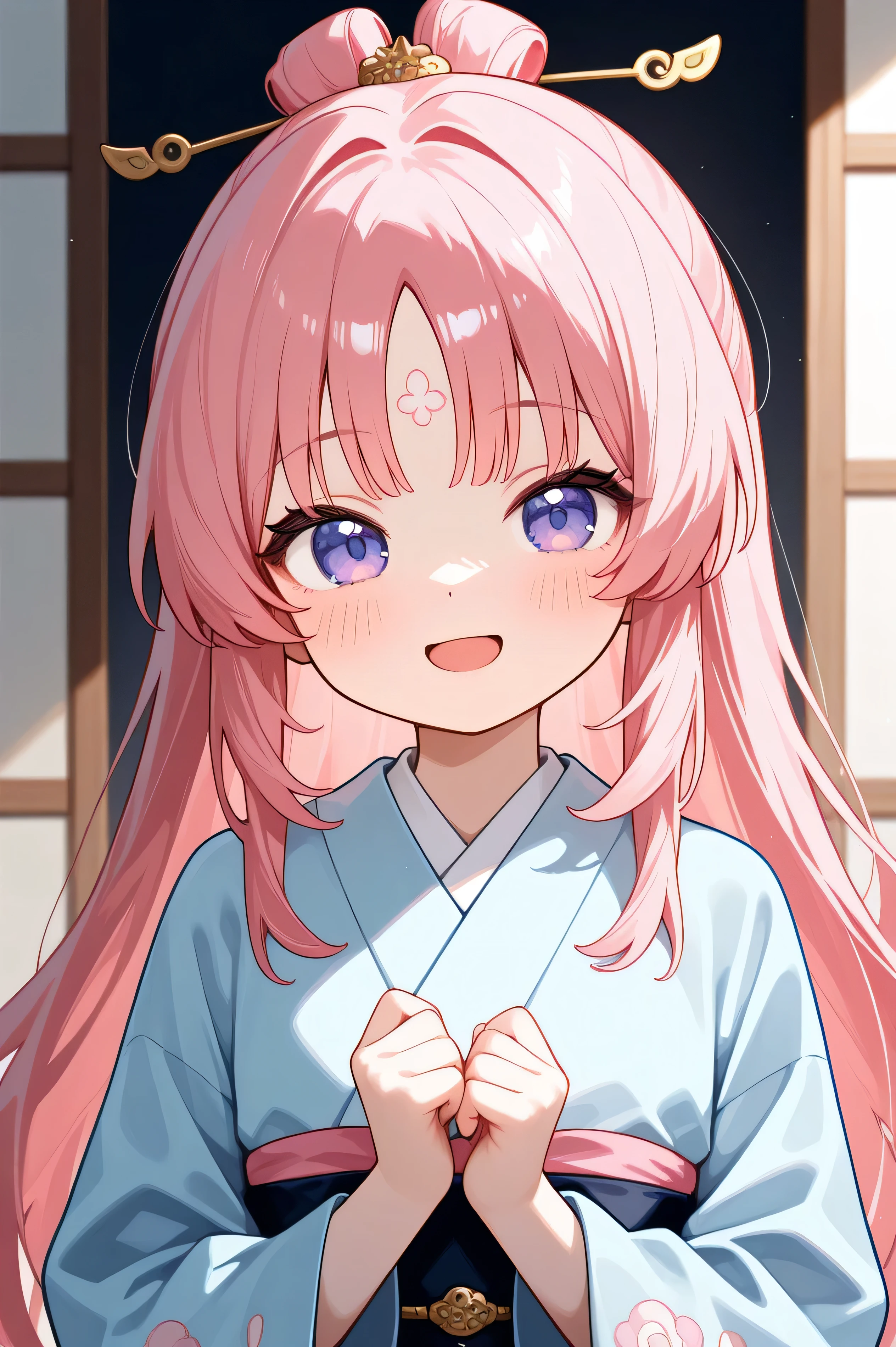 pastel, cute, pink hair, cute facial features, kimono or han fu, detail face