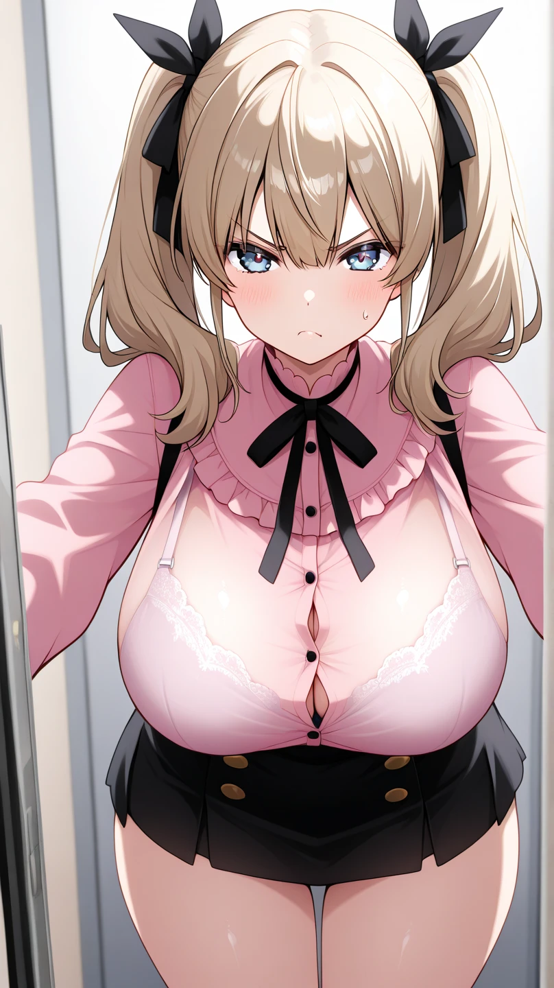 best quality,((((1girl)))),((big breasts:1.3)),curvy,((orgasm,blush:1.3)),angry,sweat,Djeeta_a,blonde hair, short hair, Brien eyes, ((djeeta one piece dress,mini skirt,lift skirt,upskirt,black kneehighs,white panties,lace panties,pussy juice:1.1)),((leaning forward))