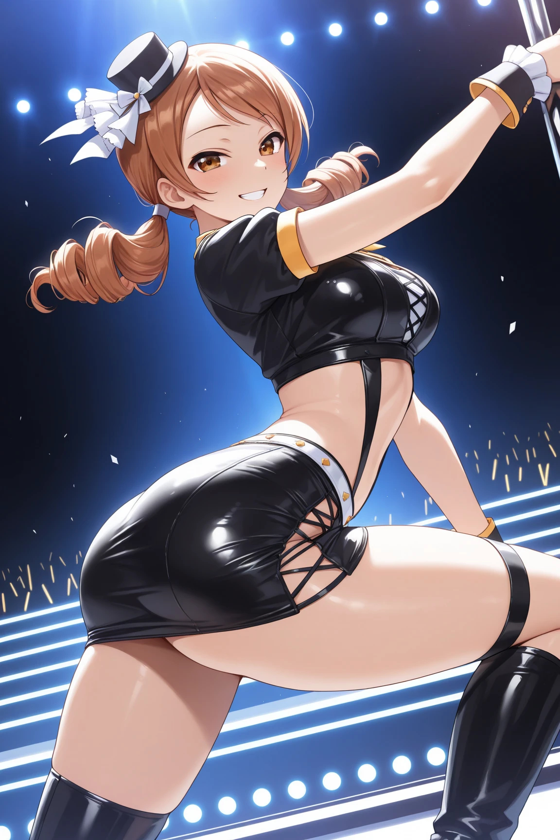 sexy dance show,(sexy pose:1.2),super creek \(umamusume\),good anatomy, masterpiece, best quality,realistic, hyperrealistic, 16k hdr,happy Smile,(Live Stage),(see through costume:1.2),Stage costumes,,sing a song,ultra miniskirt,micro panties,sweat,from below,huge breasts,spread legs,(from behind,look back,ass,Horse tail:1.2)