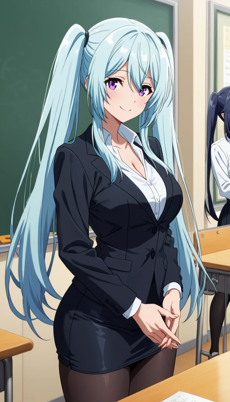 score_9, score_8_up, score_7_up, source_anime top quality、8k、masterpiece、natural light、high accuracy、perfect anatomy、One woman、medium chest:1.9, sagging breasts, epsilon, long hair, twintails, blue hair, purple eyes, sidelocks, no expression、smile:0.6、(tight office suit)、jacket、オープンjacket、white shirt、Cleavage、tight pencil skirt、black pantyhose、((school classroom))、stand in front of the blackboard、(((with hands behind)))