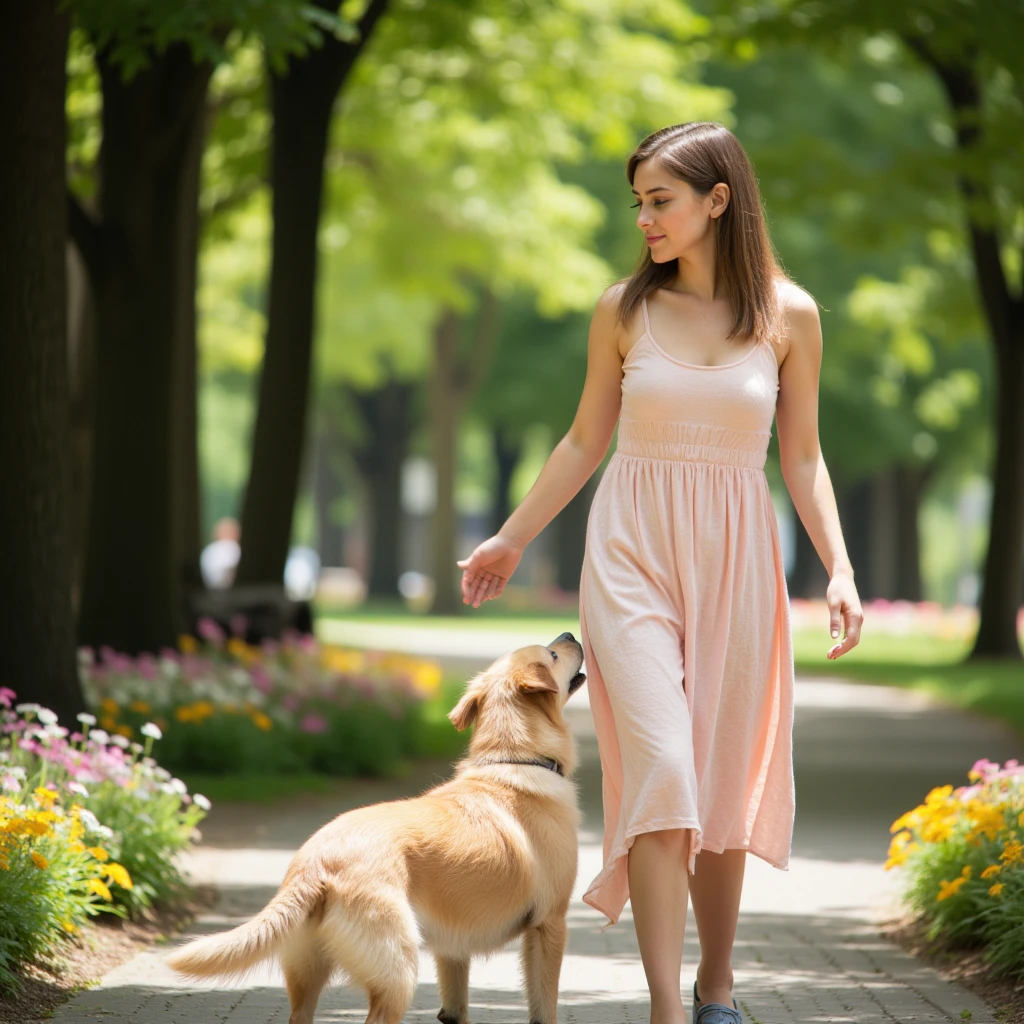 ((Best quality)),((masterpiece)),((realistic)),A girl walking in a white dress with sunglass in the park,With a dog,Lush plants and flowers,