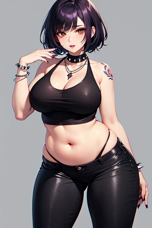 1girl, milf, serious face, red eyes, tomboy Pixie haircut, very Short hair, hair over one eye, black hair, black choker, white bandeau, belly, huge breast, extreme micro shorts, thicc legs, stockings, black lipstick, black lipstick ear piercings, cowboy shot, pose squating, arms up, armpits, boots
