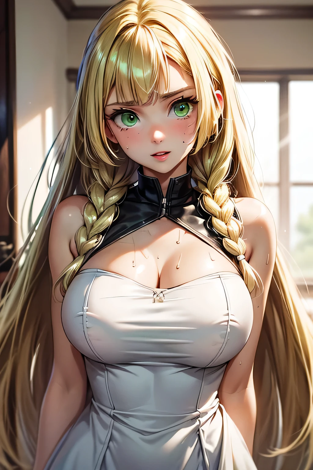 perfect anatomy　Highest Quality, highest resolution,(((shiny white dress　shiny blonde　long hair　braids　 green eyes　Shiny Skin　sweat)))　Lillie 　　flat breast