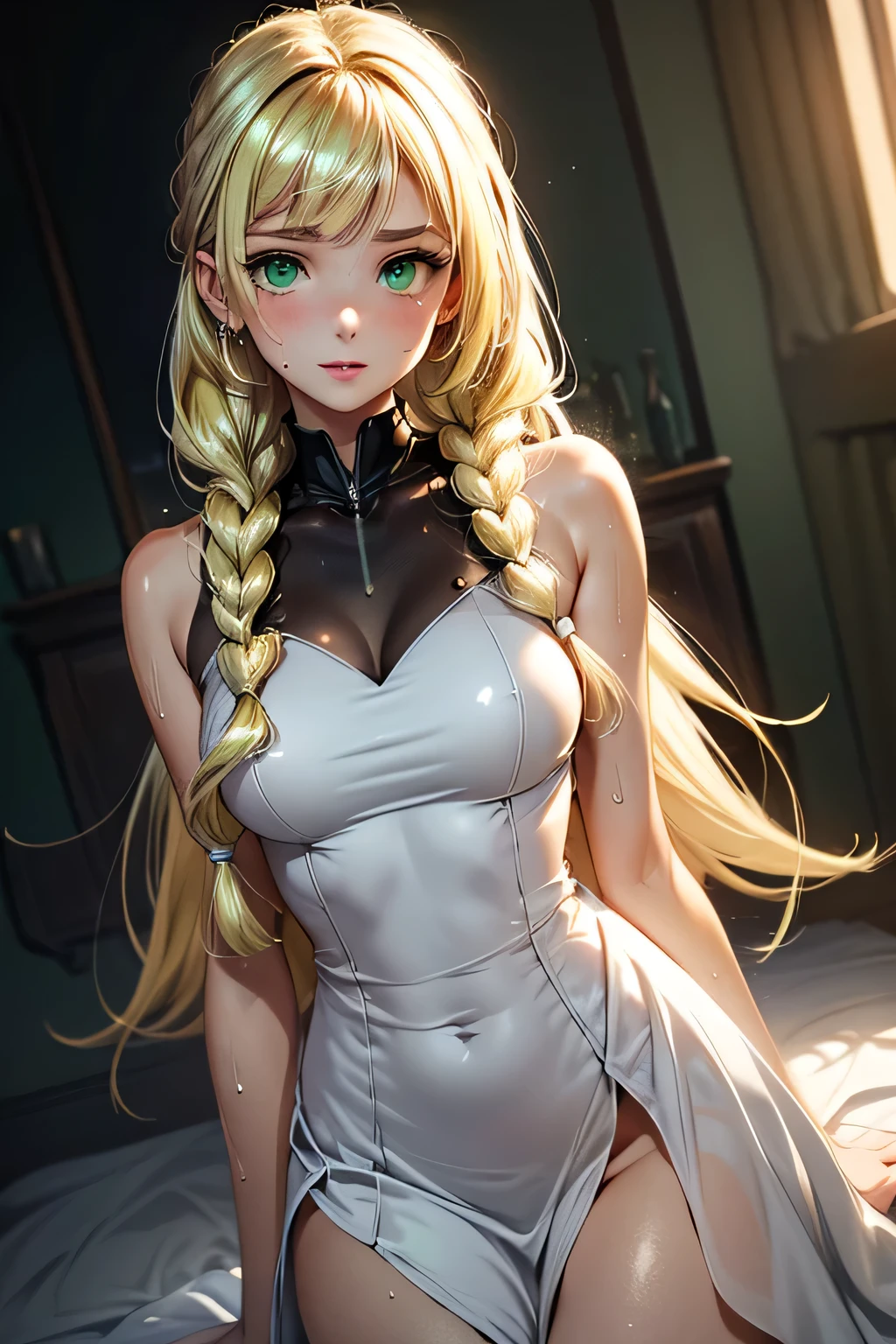 perfect anatomy Highest Quality, highest resolution,(((shiny white dress shiny blonde long hair braids green eyes Shiny Skin sweat))) Lillie flat breast girl