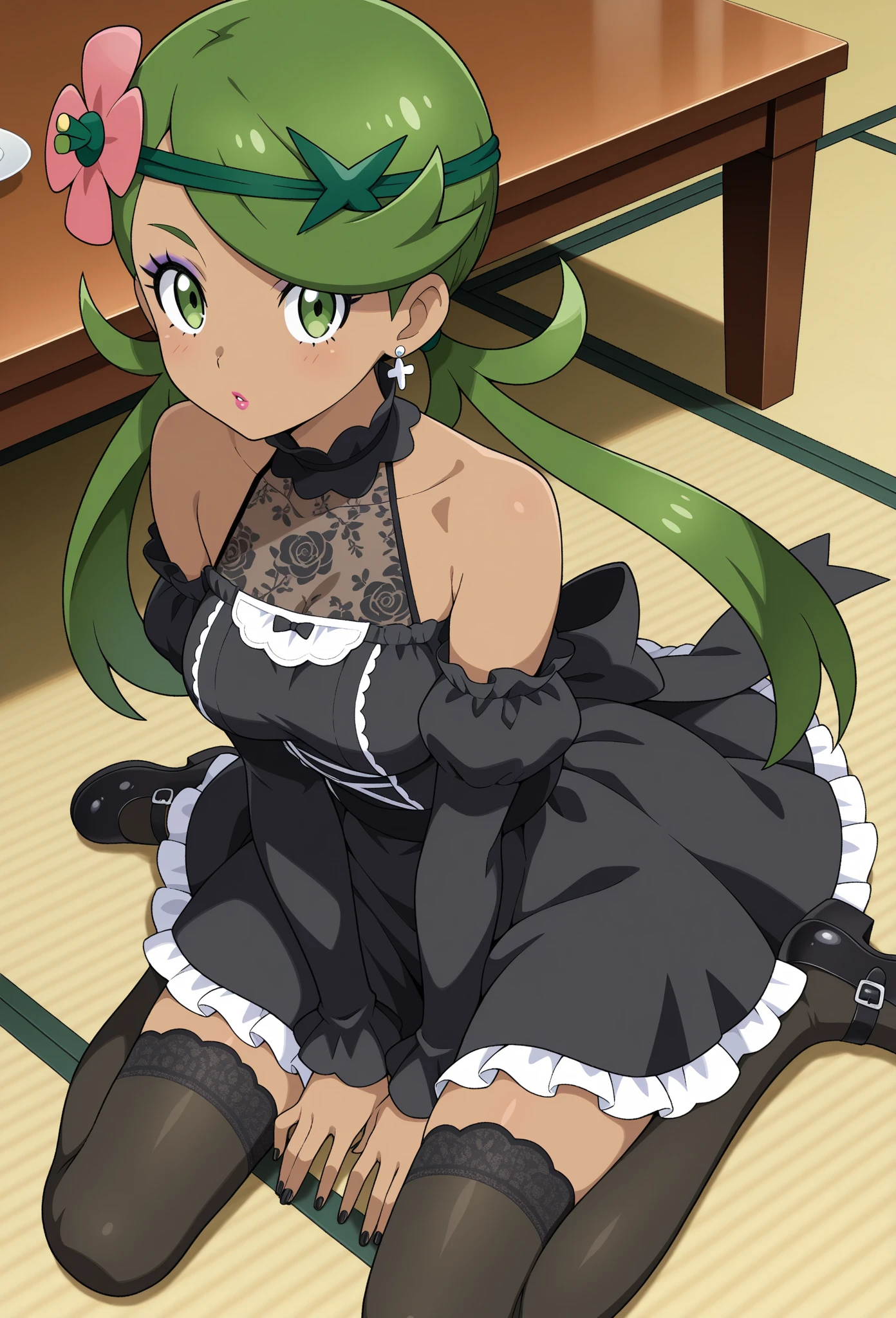 1girl,solo,full body,standing,black hair, long hair, bangs,hair between eyes, wavy hair,blue eyes,(beautiful fingers:1.4),(perfect anatomy:1.4),(arms_behind_back:1.4),(cold_shoulder:1.2),(green leather lace glossy silk lamé leotard:1.4),(latex luster shiny glossy metallic:1.4),(shiny_clothes:1.4),small breasts,masterpiece,best quality,(Ultra high definition eyes:1.2),8k,(Beautiful detailed eyes:1.2),(Fine and beautiful eyes:1.2),(pretty eyes:1.2),finely detail,extremely CG, absurdres,high resolution,illustration,Detailed and beautiful outlines,finely detail,high resolution,(colorful refraction:1.4,Increase saturation:1.2),beautiful lighting,dynamic lighting,closed room,black background,simple background, smile,looking at viewer,Shizuka Yoshimoto,100kano,red ribbon, neck ribbon, armband, green sweater vest,(white Clear PVC sheets sleeves:1.4),(sheer sleeves:1.4),(see-through sleeves:1.4),(wide sleeves:1.2),(green thigh boots:1.2)