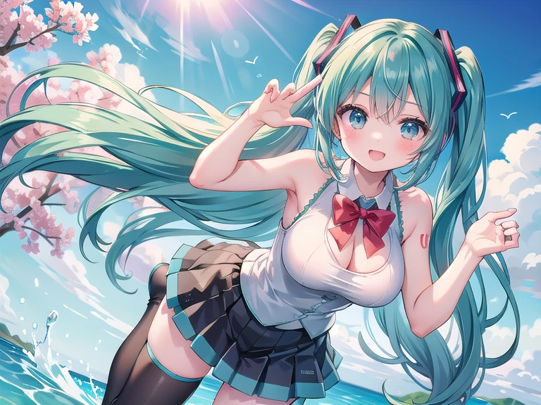 ((masterpiece)),(best quality),official art,extremely detailed CG,unity 8k wallpaper,ultra detailed,A lighthouse on a cliff by the sea,1girl,solo,cowboy shot,hatsune miku,looking at viewer,sleeveless shirt,white shirt,fringe,smile,black thighhighs,hair between eyes,twintails,very long hair,aqua eyes,aqua hair,detached sleeves,miniskirt,aqua necktie,thigh boots,