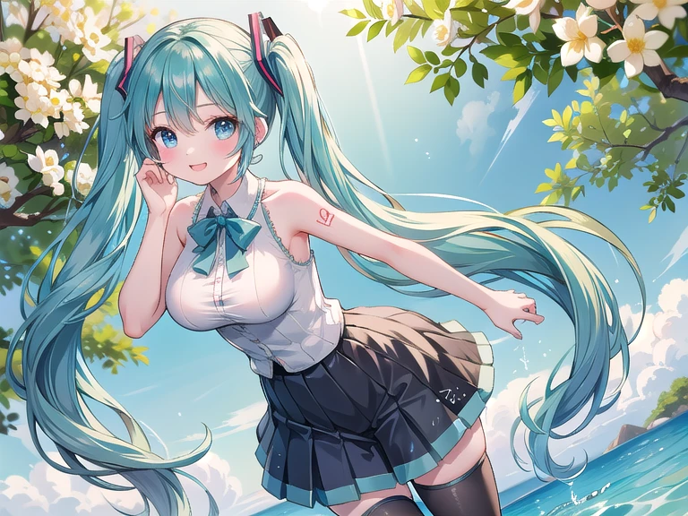 sandy beach、Asahi、big butt、 (alone:1.5,)Super detailed,bright colors, very beautiful detailed anime face and eyes, look straight, ;shiny_skin,girl, ((White long hair,Inner color is red 、forehead is exposed.、green eyes、、shiny hair, delicate beautiful face, blush、(turquoise eyes), White skin, Valletta, earrings,、、、checked skirt、twin tails