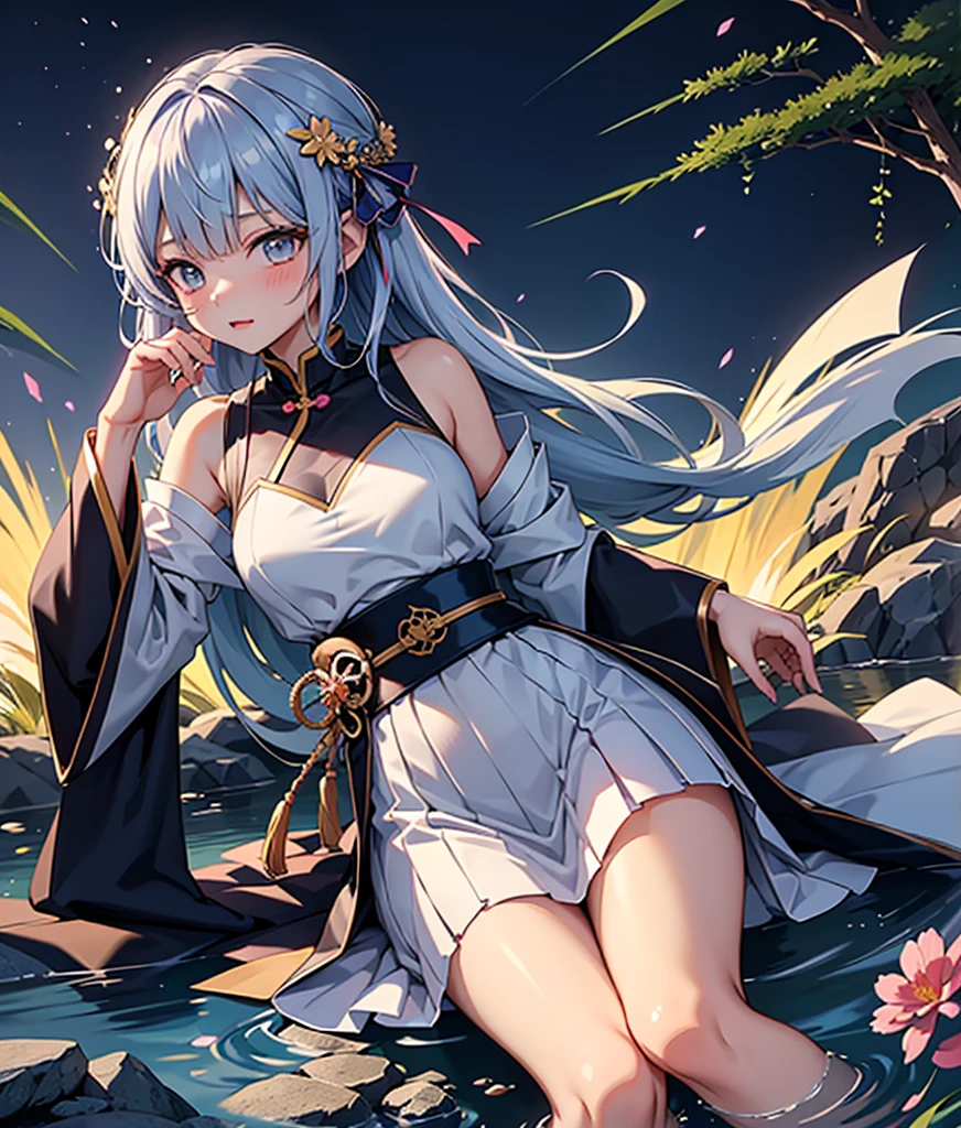white-haire，Fine hair，Reddish purple，grey-eyed，length hair，Lake，，Look at viewers，，coldgaze，messyfloatingfhair，Kimono with white，fully body photo，White stockings