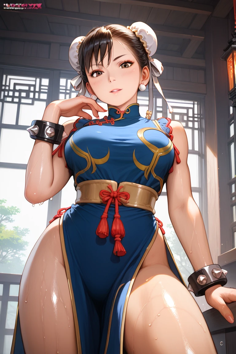 Chun-li, 40_years_old, mature looking woman, A MILF, (1girl in), Solo:1.4, (In blue and gold cheongsam_Photo embroidery pose, cleavage, Brown Leggings, fundoshi) portrait of chun li, (brown_Eyes, Short_hair, brown_hair, Double_Bun), oppai, oppai proportions, ultra realistic anime, goddess of Japan, Highly detailed, Large_breasts, cleavage, nipple contour, Shiny skin, Perfect body, Perfect face, hyperrealistic full figure