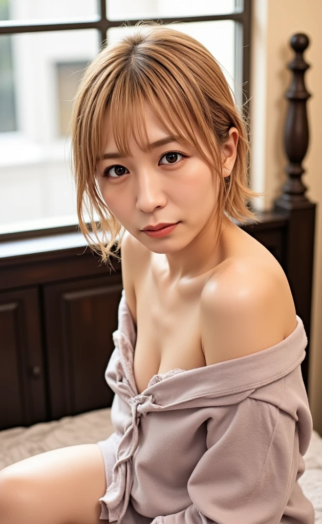 (A very cute 20 year old young woman from Japan), ((bright blonde delicate hair)), ((messy side wave short hair)),(((Slender and slender body type))),medium bust size、small breasts、 (((Clean hands))),(curly hair),(((very kind smile))), (((she wears random colored panties))),(((she is wearing a random colored bra))) ((highest quality, 16k, table top: 1.3)), light shines on your face, highly detailed face, highly detailed lips, fine eyes,A very cute 20 year old young woman from Japan), ((delicate hair between brown and blonde)), ((messy side wave short hair)),medium bust size、small breasts、 (((Clean hands))),(curly hair),(((very kind smile))), (((she wears black lace panties))),