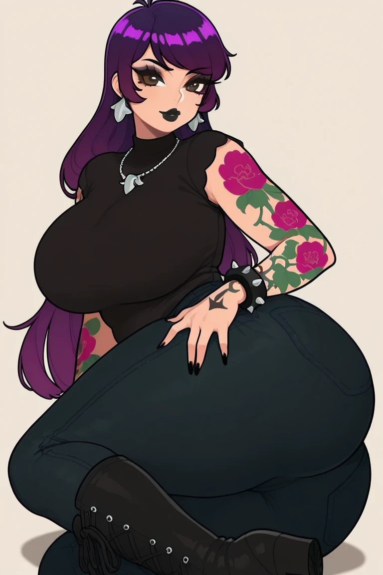 masterpiece, beautiful, 4k, detailed, intricate details, lingerie, thick thighs, wide hips, large breasts, massive breasts, tattoos, tattooed, milf, goth, long purple hair, emo, dark lipstick, blue eyes, collar, dog collar. tattoo sleeve, tattooed arms, fully tattooed, tattooed body, leggings, skintight leggings, shirt, t shirt, graphic t shirt, cleavage, dragon arm sleeve