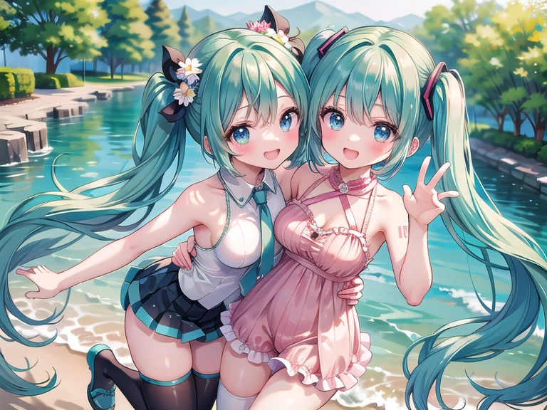 Ram-chan,invader,Very small micro underwear,Face forward and spread your legs wide., Big Ass,Resort Beach, Palm tree,sun, Highest quality, High definition, Orange eyes, Beautiful Eyes, beautiful girl, Big Breasts, blush,(It has two small demon horns on its head.),Sunlight shining from the front,Big Breasts,Underwear is biting into,smile,Her hair is turquoise green.(,With its mouth open, sharp canines are visible.,)White lace bra and white lace panties,Your underwear is wet and transparent,Low-rise see-through panties,