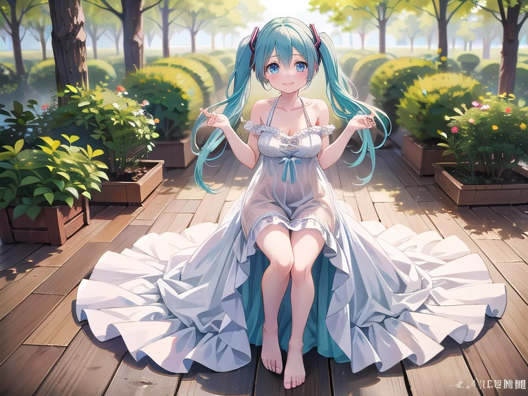 In a beautiful garden a beautiful young woman walks in a short dress with straps, camina descalza por la hierba, The small flowers are of various colors.  It's a summer day with good light. Una imagen espectacular. (Obra maestra) (mejor calidad)