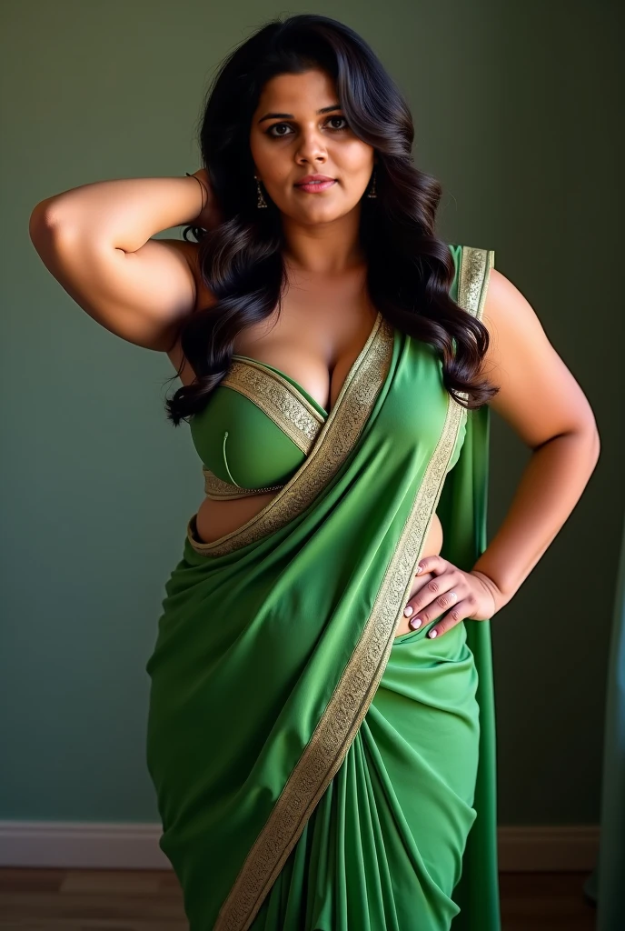 Full body photo of sexy mrunal thakur curvy, hourglass figure, showing deep cleavage, mrunal is a classroom teacher wearing olive colour saree and panty with red bindi and her hairs is braided