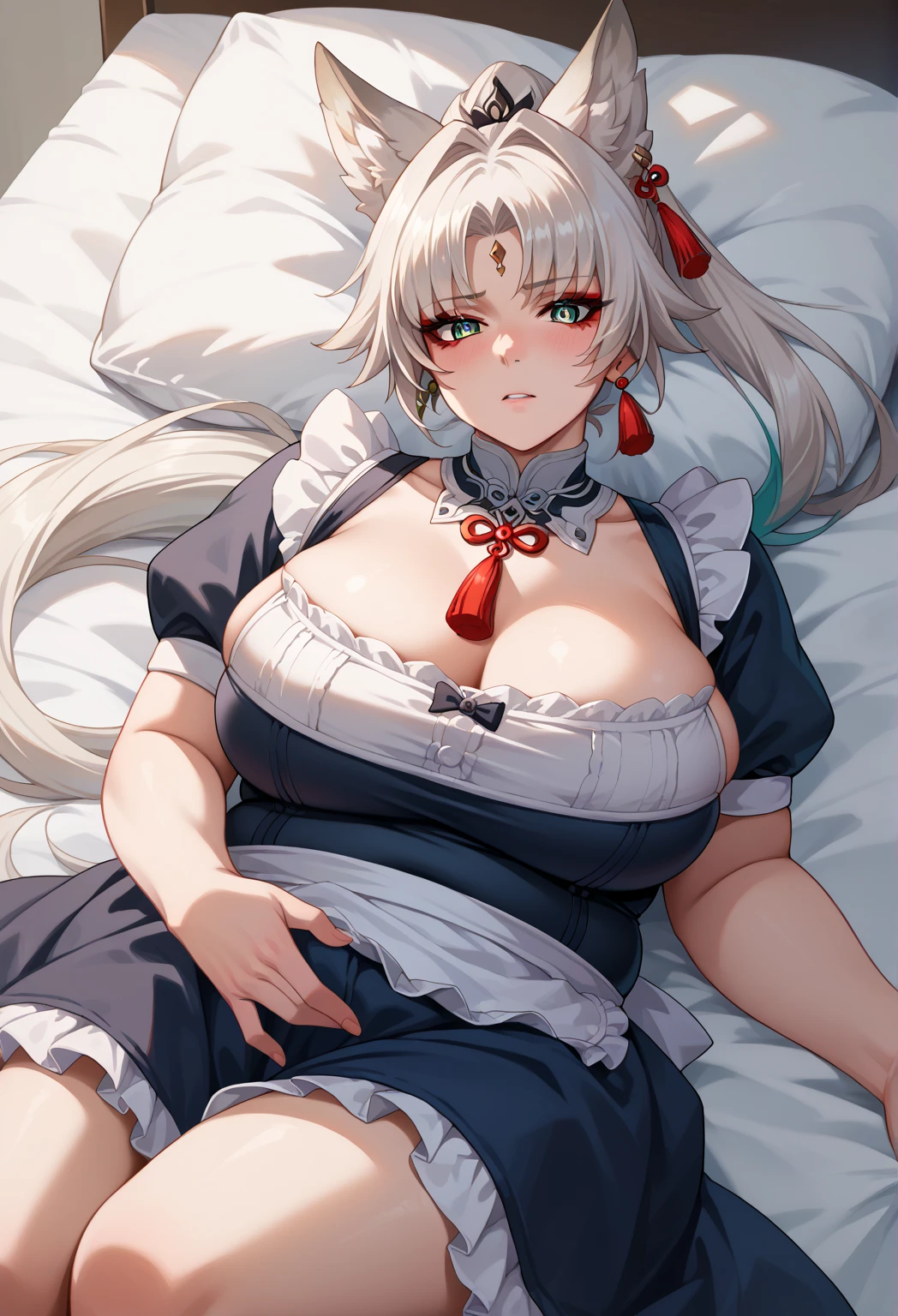 1girl, aegir \(azur lane\), azur lane \\\\\ masterpiece, best quality, very aesthetic, absurdres, newest \\\\\\ sportive body, \\\\\\ by nyantcha,,by cutesexyrobutts,by khyle ///// white hair with a single prominent red streak, black horns, yellow eyes, , white background, white (nurse outfit:1.2), skirt, , white pencil skirt, nurse cap, hands behind back, I'm a patient, I'm lying on a bed, she's on top of me