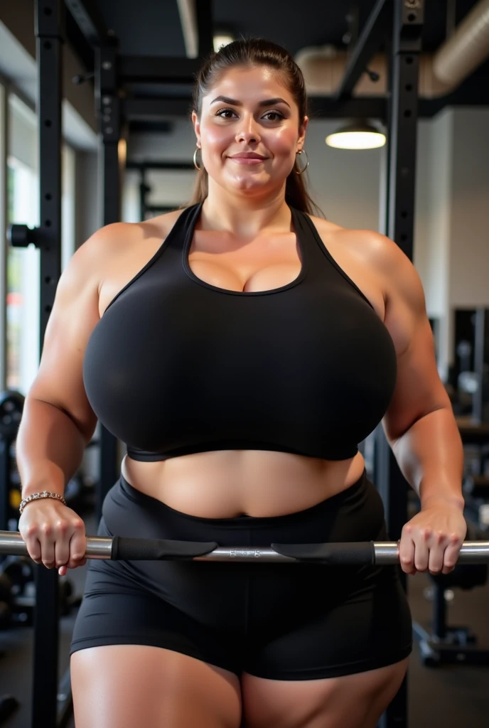 Fat woman, 40 years old white Caucasian woman, inside gym, body sweaty, long straight blonde hair, serious, chubby, bbw, casual, cleavage, thick thighs, sweaty hair